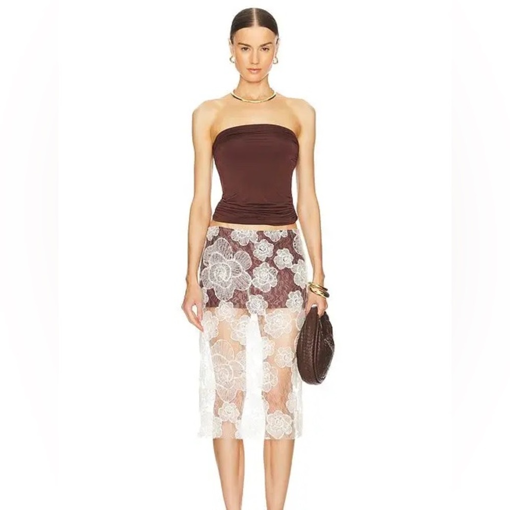 NWT Siedres Siam Sheer Floral Lace Midi Skirt in Cream and Brown size 34/XS